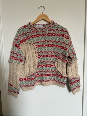 Zara Red, Sage & Cream Fair Isle Cable Crewneck Sweater
